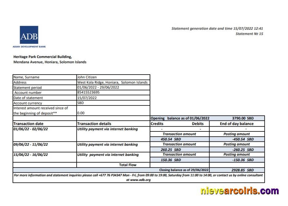 Solomon Islands ADB bank statement